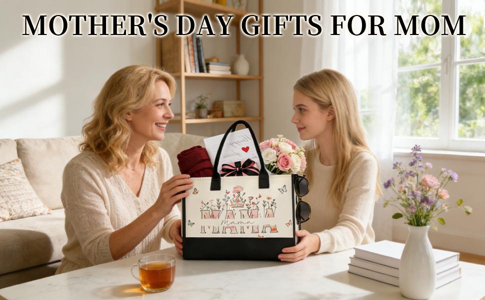 Mothers Day Gifts for Mom from Son Daughter Large Canvas Tote Bag with Floral Print Beach Bag Mama Gift for Mother's Day Birthday Present Mothers Day Gifts for Mom from Son Daughter Large Canvas Tote Bag with Floral Print Beach Bag Mama Gift for Mother's Day Birthday Present