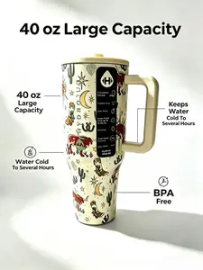 HydroJug Traveler 40oz Insulated Tumbler - Western Cowboy Print Edition, Leakproof Flip Straw Lid, Fits Car Cup Holders, Keeps Water Cold for Hours, BPA-Free Stainless Steel Water Bottle with Beige Handle tiktokshopspringglowup thermal outdoorfun