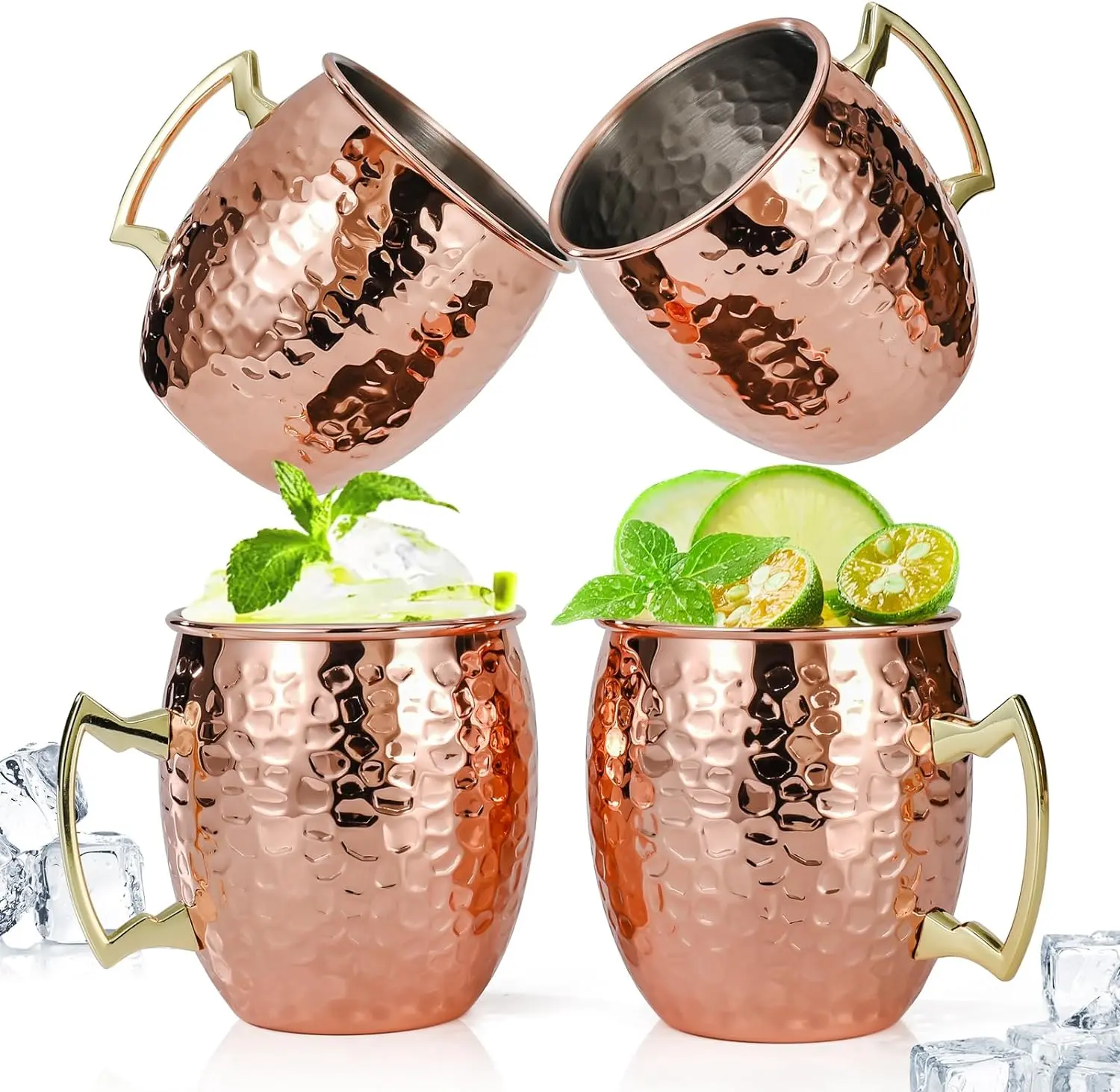 Moscow Mule Mugs Set of 4, 16oz Hammered Copper Cups with Stainless Steel Lining & Brass Handles, Copper Mugs for Cocktails, Beer, Parties