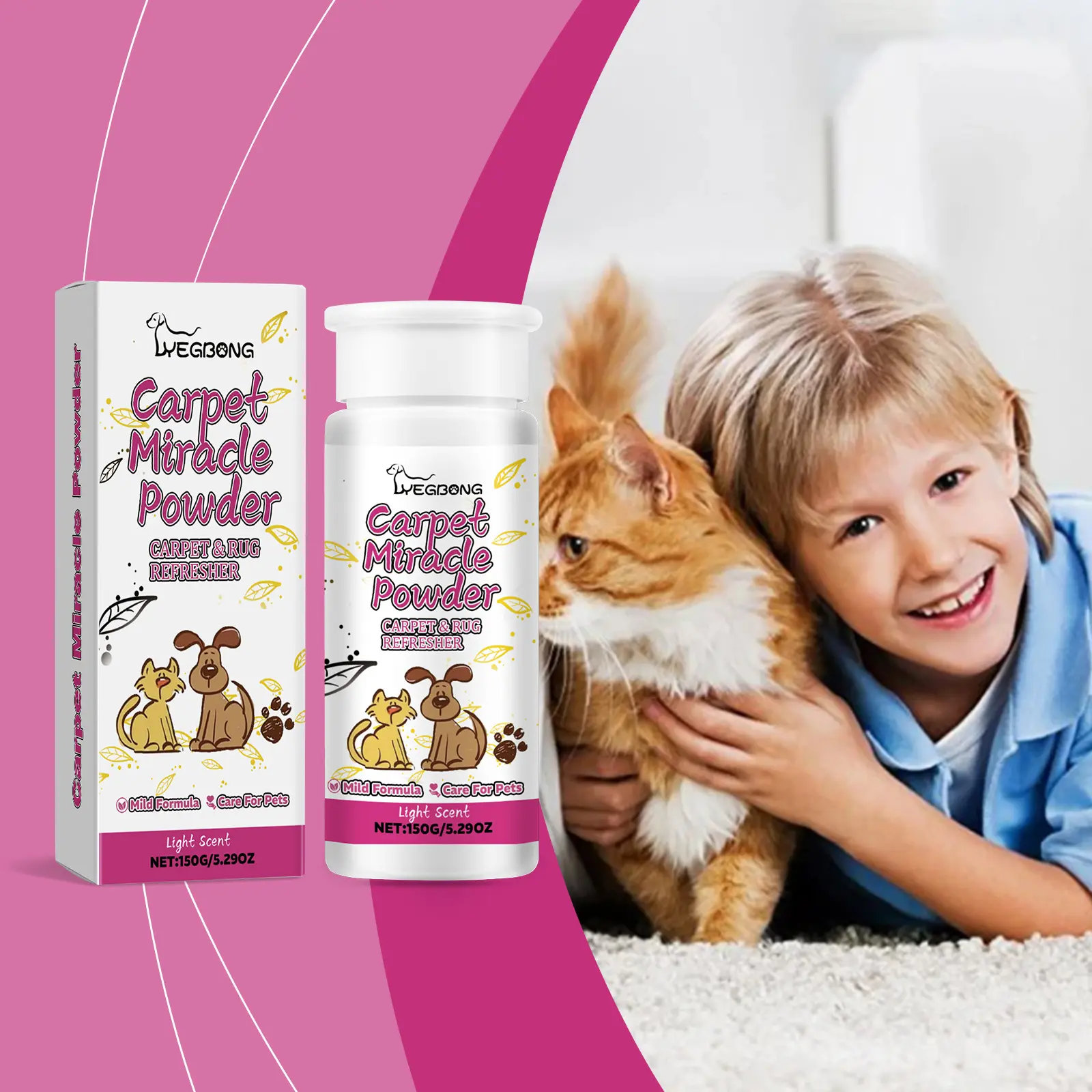 Enzymatic Pet Carpet Deodorizer Powder, Natural Sodium Bicarbonate Deep Stain & Urine Odor Remover, Washable Carpet Cleaning Powder Safe for Kids & Pets
