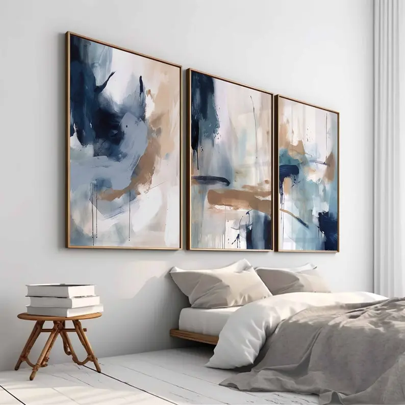 Navy Blue Wall Art Set of 3 Printable Wall Art Modern Wall Art Blue Abstract Art Minimalist Poster Printable Art Brush Strokes Print Digital - No Frame