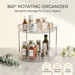 360 Rotating Makeup Organizer – 2 Tier Lazy Susan Turntable Organizer, Clear Bathroom Counter Organizer for Vanity, Perfume Storage, Spinning Skincare Perfume Tray for Bathroom, Dresser