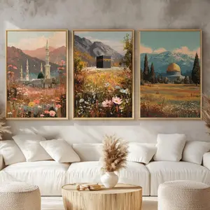 Islamic Holy Land Landscape Wall Art Set, Kaaba, Madinah & Al-Aqsa Scenic Decor for Living Room & Prayer Corner, Perfect Ramadan & Eid Gift