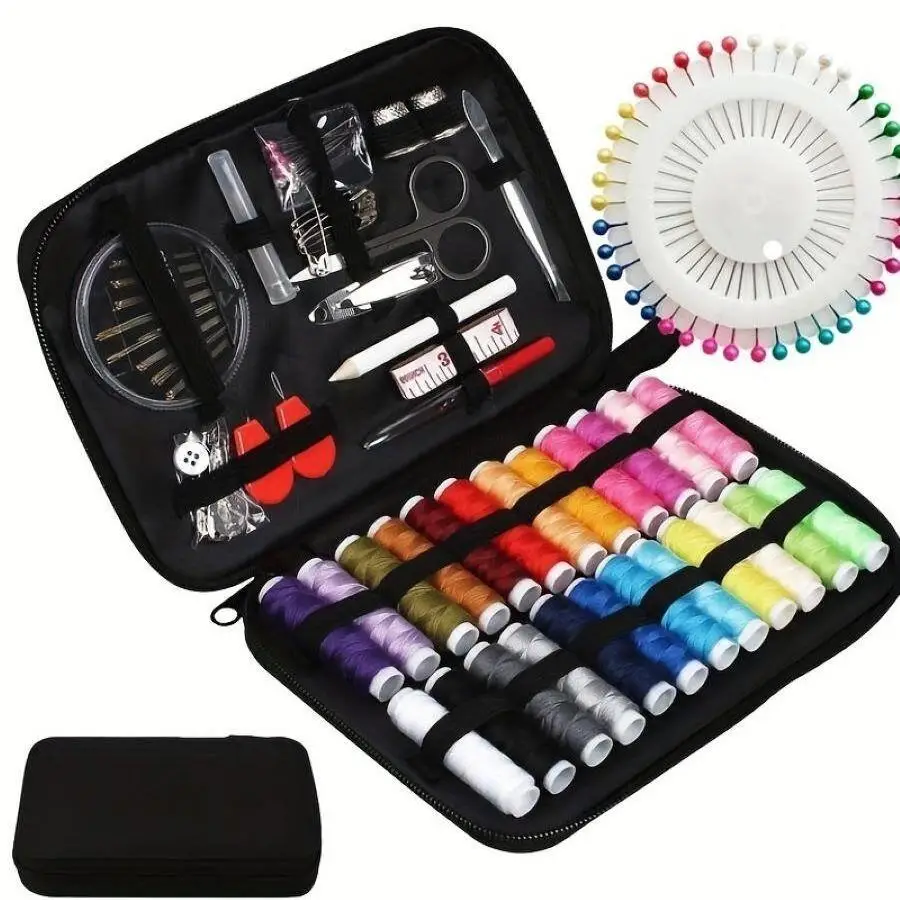 Random Color Portable Sewing Tool Kit with Storage Case, 1 Set Including Thread, Sewing Needle, Scissor, Measuring Tape, Thimble, Practical Home Items