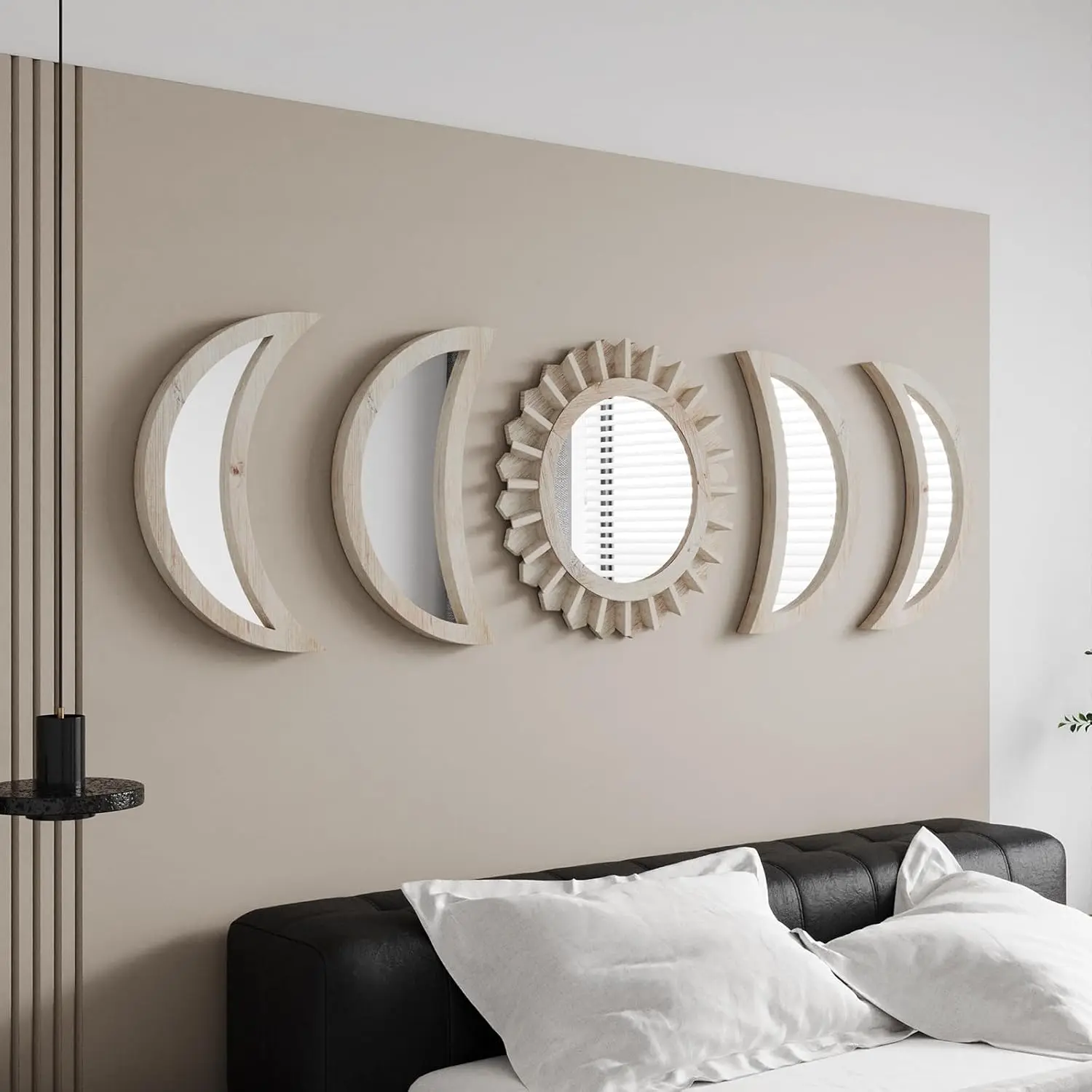 Wall Mirror, Moon Phase Mirror Set, Wall Decor for Bedroom, Bohemian 5 count Wooden and Real Glass Mirror with  Clear Reflection, Boho Decor, Multi-Angle Installation (White)