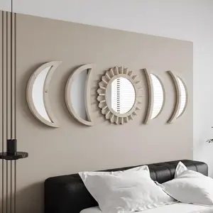 Wall Mirror, Moon Phase Mirror Set, Wall Decor for Bedroom, Bohemian 5 count Wooden and Real Glass Mirror with  Clear Reflection, Boho Decor, Multi-Angle Installation (White)
