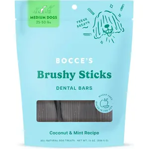 Bocce's Bakery Dailies Brushy Sticks to Support Oral Health & Fresh Breath, Wheat-Free Dental Bars for Dogs, Made with Real Ingredients, Baked in The USA, All-Natural Coconut & Mint, Medium Dogs