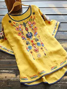 Plus Size Women's Ethnic Style Embroidered Shirt, Casual Long Sleeve Button Front Top, Fall & Winter Fashion, Comfortable Fit