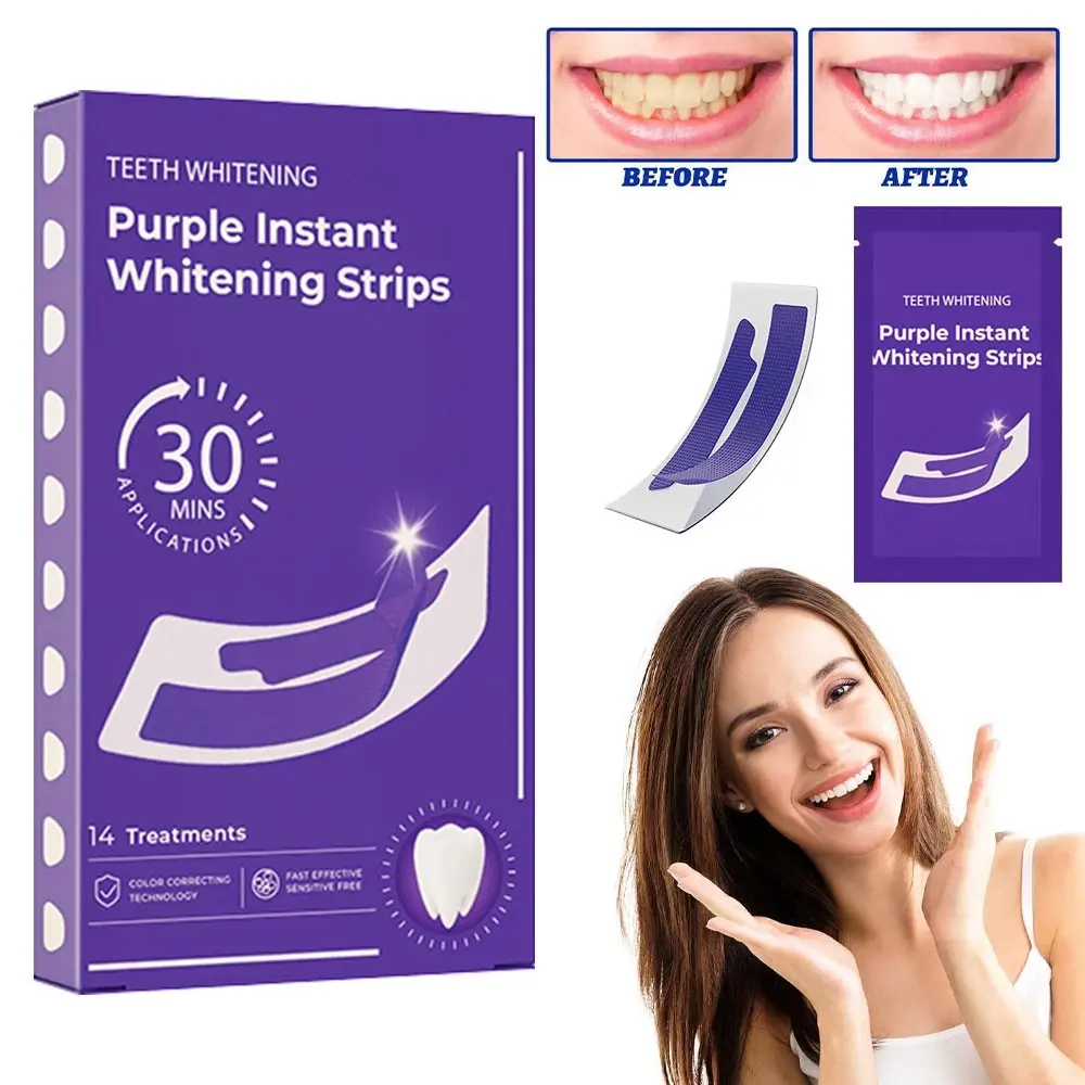 Purple Teeth Whitening Strips – 14 Pairs (28 Strips) Peroxide-Free, Enamel Safe for Sensitive Teeth | No Pain Yellow Stain Color Corrector, Natural Bright Smile for Daily, Travel & Before Dates (Adult Use)