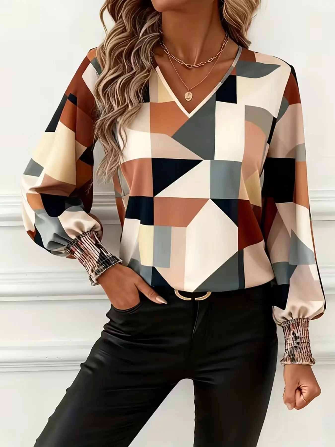 Fashion Plus Size Geometric Print V-Neck Blouse, Long-Sleeve Puff Sleeve Casual Tops Y2K Clothes Office Work Outfits Trendy Street Style