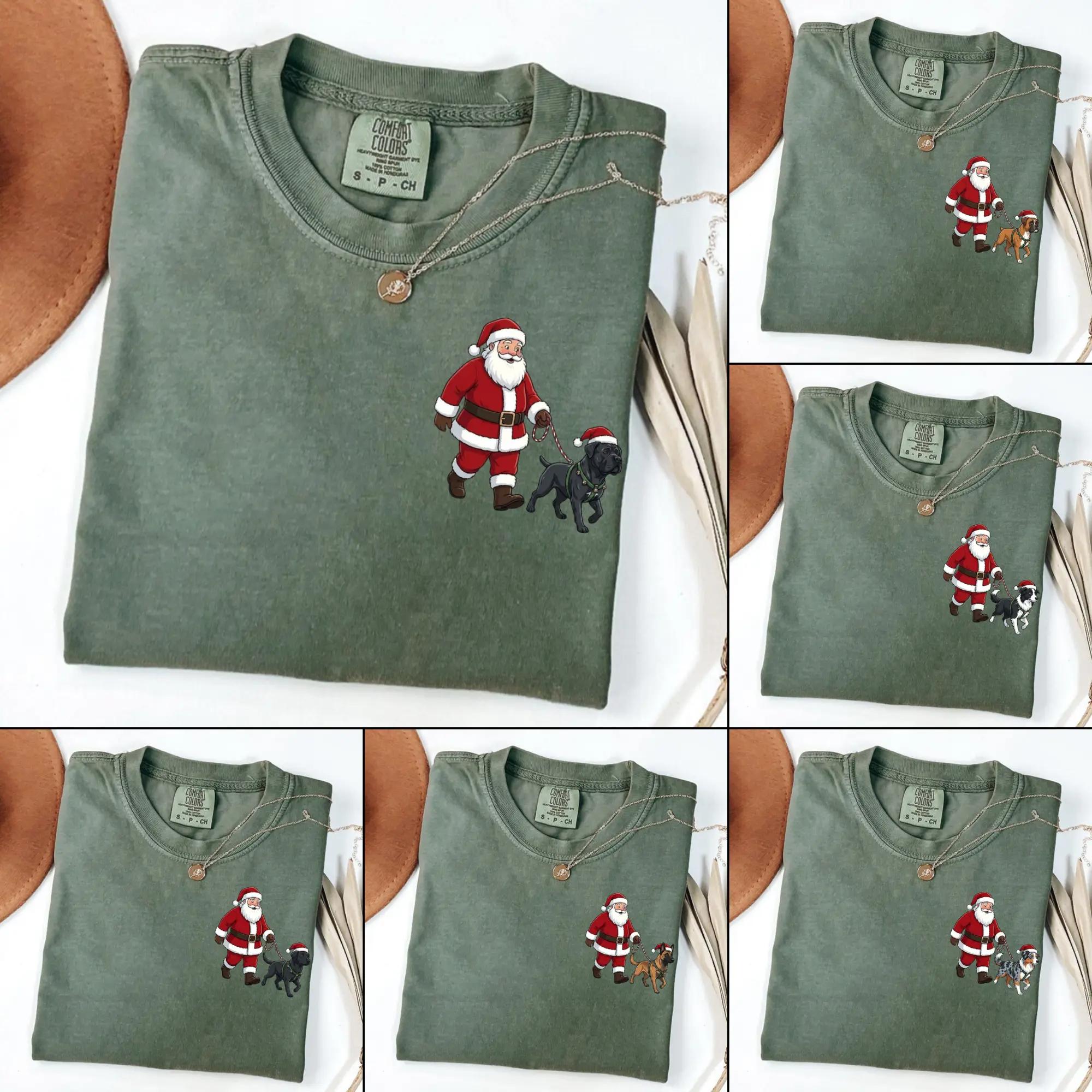 Comfort Colors Custom Christmas Dog T-Shirt, 50+ Personalized Dog Breeds Graphic Tee, Santa Walking Dog Holiday Shirt, Cute Dog Lover Gift