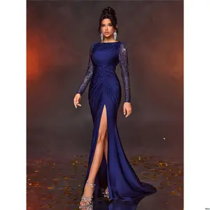 Graduation Work Grand Celebration Gathering Party Suitable Dress Trailing High Pleated Waist Through Sequined Blue Navy Romantic Glamrae Women s Elegant See - Long Sleeve Tight Slit Fishtail Hem Evening For Formal Event Heavy Dinner Wedding Guest