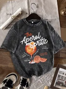 Women's Summer Cotton Short Sleeve T-Shirt, Aperol Spritz & Juice Print, Casual Fashion Daily Wear Everyday, Street Style Essential Gift