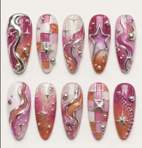 Lesbian Pride Press On Nails Chrome Star Acrylic Glitter Aura Fake Nails Bold Pride Style for Festival Parade Party