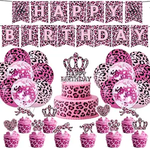 Cheetah Print Birthday Decorations, Leopard Print Party Decorations, Cheetah Print Party Decorations with Banner, Balloons, Cupcake Toppers, Cake Topper for Leopard Theme Party Supplies (Black Pink)