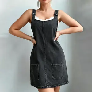 Women’s vintage street-style sleeveless denim skirt — loose fit with crew neckline and pockets; machine washable summer casual dress suitable for going out—casual, versatile, street style