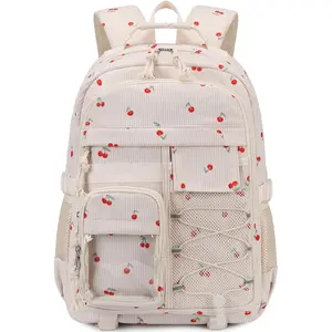 Cute Backpack for Teens Girls Women, Corduroy School Backpacks  Elementary Middle High Bookbag, Cherry Beige