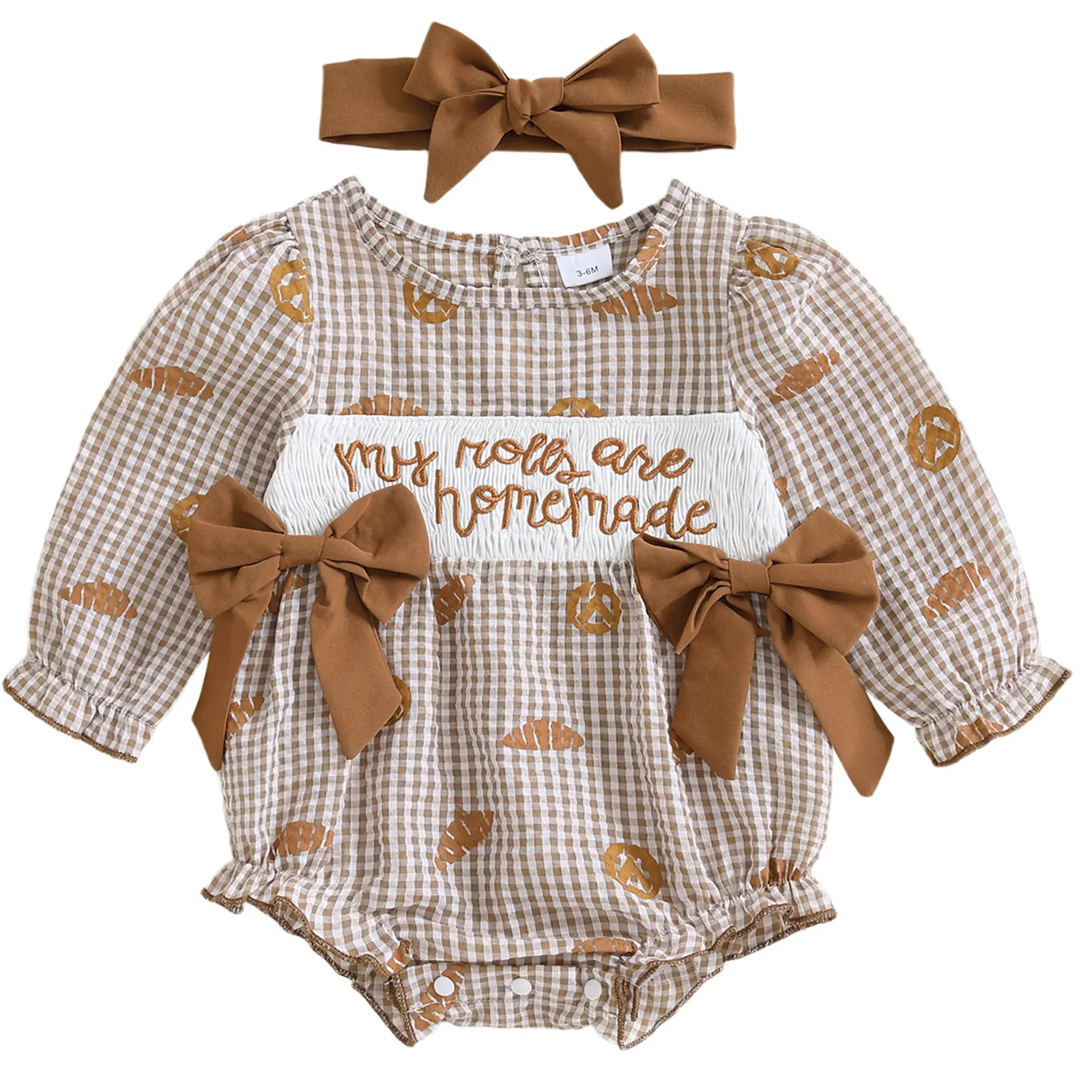 Newborn Baby Girl Long Sleeve Plaid Embroidered Romper - "My Rolls Are Homemade" Croissant Design, Thanksgiving Fall Bodysuit, Baby Girls Clothing