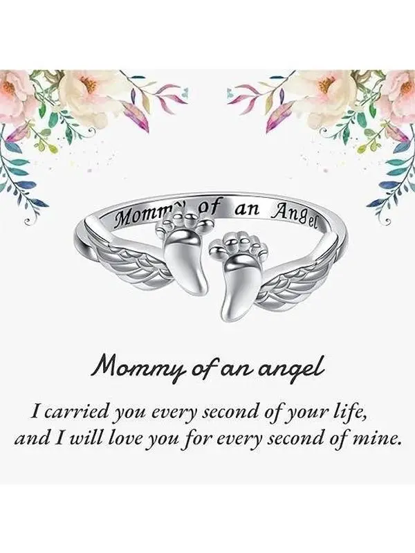 Women's Angel Wing Engraved Ring - Copper Base, 60g, Adjustable Size Everyday Wear Ring with Baby Footprints Cuff, Personalized Touch Jewelry, Ideal Mother's Day Gift for Mothers, Everyday Wear Rings, Elegant Look