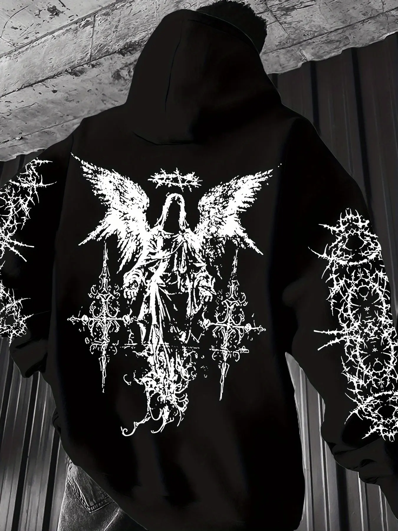 Men's Angel Element Graffiti Thorn Print Streetwear Hip-Hop Punk Style Hooded Sweatshirt, Regular Fit with Hooded Collar, Solid Color with Graphic Print, Casual Long-Sleeve Pullover, Casual Fashion Sweatshirt, Gothic Rock Hoodie