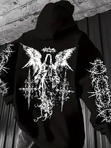 Men's Angel Element Graffiti Thorn Print Streetwear Hip-Hop Punk Style Hooded Sweatshirt, Regular Fit with Hooded Collar, Solid Color with Graphic Print, Casual Long-Sleeve Pullover, Casual Fashion Sweatshirt, Gothic Rock Hoodie