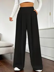 Women's Solid Pocket Elastic Waist Wide Leg Pants, Casual Comfy Trousers for Daily Wear, Ladies Bottoms for All Seasons, Pants for Women, Womenswear