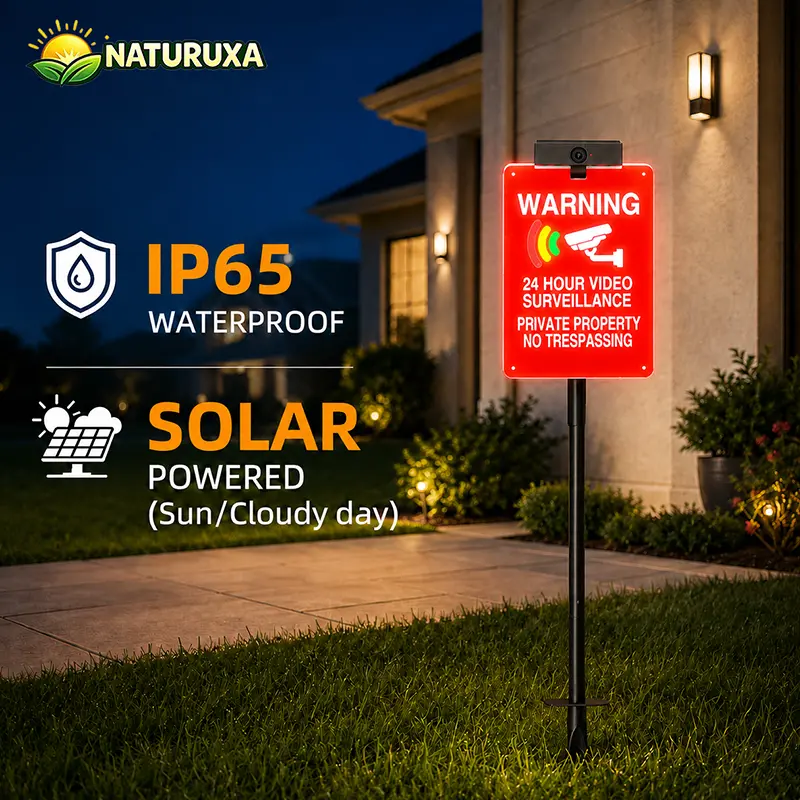 Naturuxa Solar Garden Warning Sign with Dummy Camera, Rustic Decor And Additions, Designed to Deter Intruders; IP65 ; Suitable for Ground-Mounted Or Wall-Mounted Installation- Ideal for Ranches, Farms, Barns, Vacation Homes, Halloween