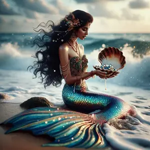 Mermaid Beach 5D DIY Diamond Painting Kit, Diamond Art Tools, Round Acrylic Diamonds, Ocean Theme Cross Stitch Art Set, for Beginners, Living Room, Bedroom Decor, Handmade Gift