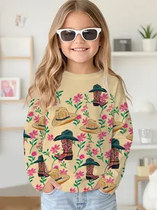 Light yellow flower boots with full digital printing long-sleeved crewneck drop-shoulder sweatshirt top T-shirt, long-sleeved, girls' long-sleeved T-shirt clothing for spring and autumn, 100% polyester, the best gift for girls