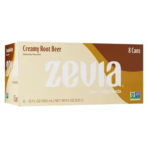 Zevia Zero Sugar Soda, Creamy Root Beer, 12 oz Cans (8-Pack) – Naturally Sweetened, Non-GMO Project Verified, Gluten-Free, Vegan
