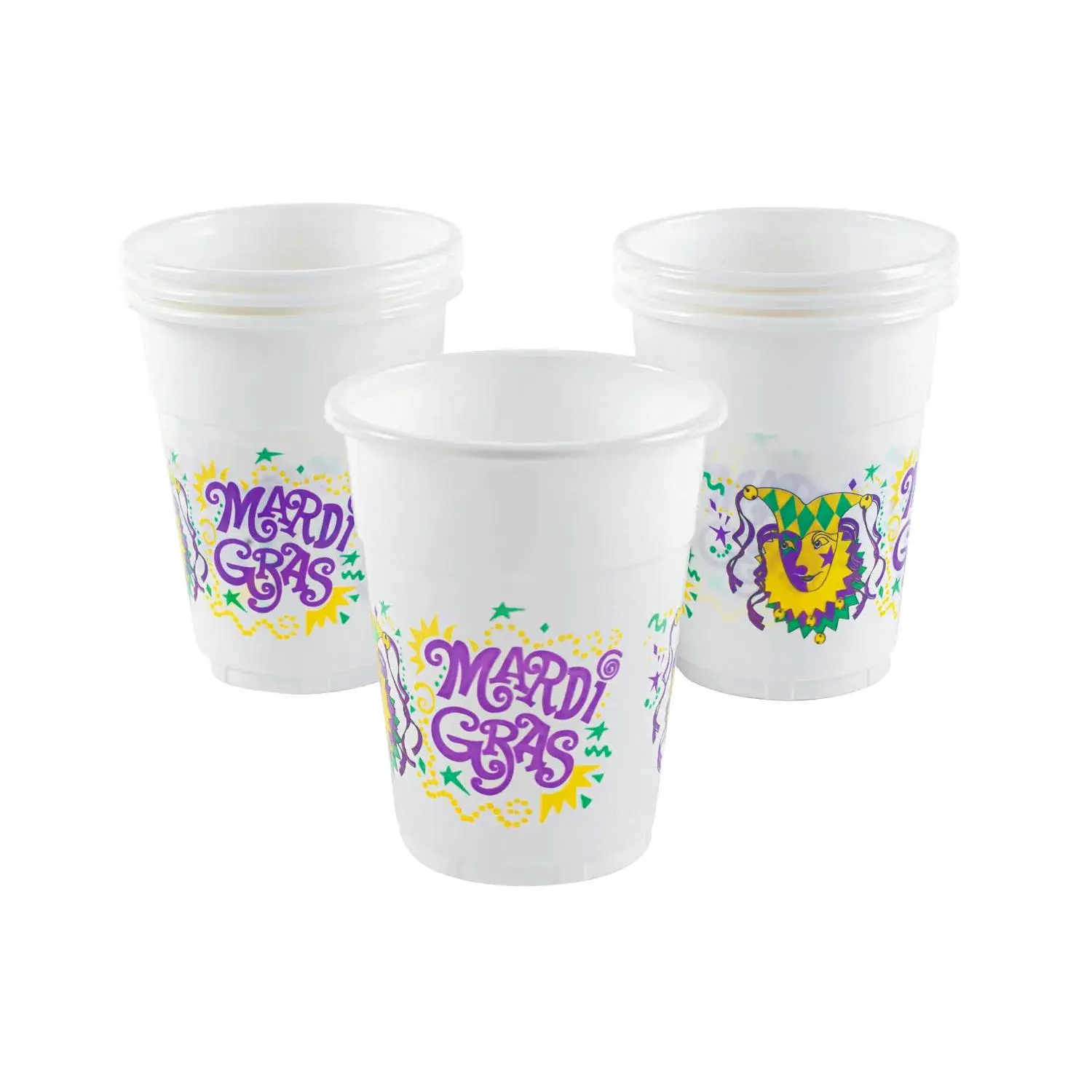 Bulk 16 oz. Mardi Gras Jester's Cap & Confetti Disposable Plastic Cups - 50 Ct.