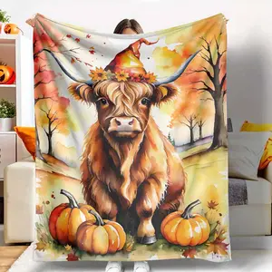Watercolor Highland Cow Flannel Blanket, Autumn Pumpkin Patch Print, Ultra Soft & Warm, Lightweight, Cozy & Durable, Perfect for Home Decor, Farmhouse Accent, Thanksgiving, Halloween, Holiday Gift Giving