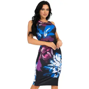 PacificPlex Womens Blue Purple Floral Sleeveless Bodycon Dress Casual Crewneck Sexy