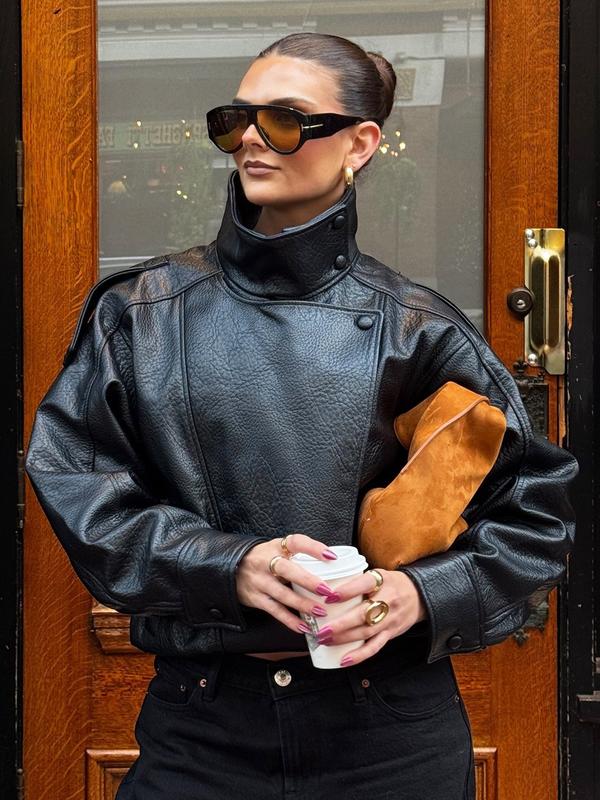 Women's Faux Leather Jacket New In Coats Demi-Season Black Brown Jacket Short Coat Spring Asymmetric Zip Motorcycle Jacket Streetwear Long Sleeve Red Aviator Jacket Womens Coat