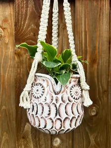 White Owl Hanging Planter with Macrame Plant Hanger