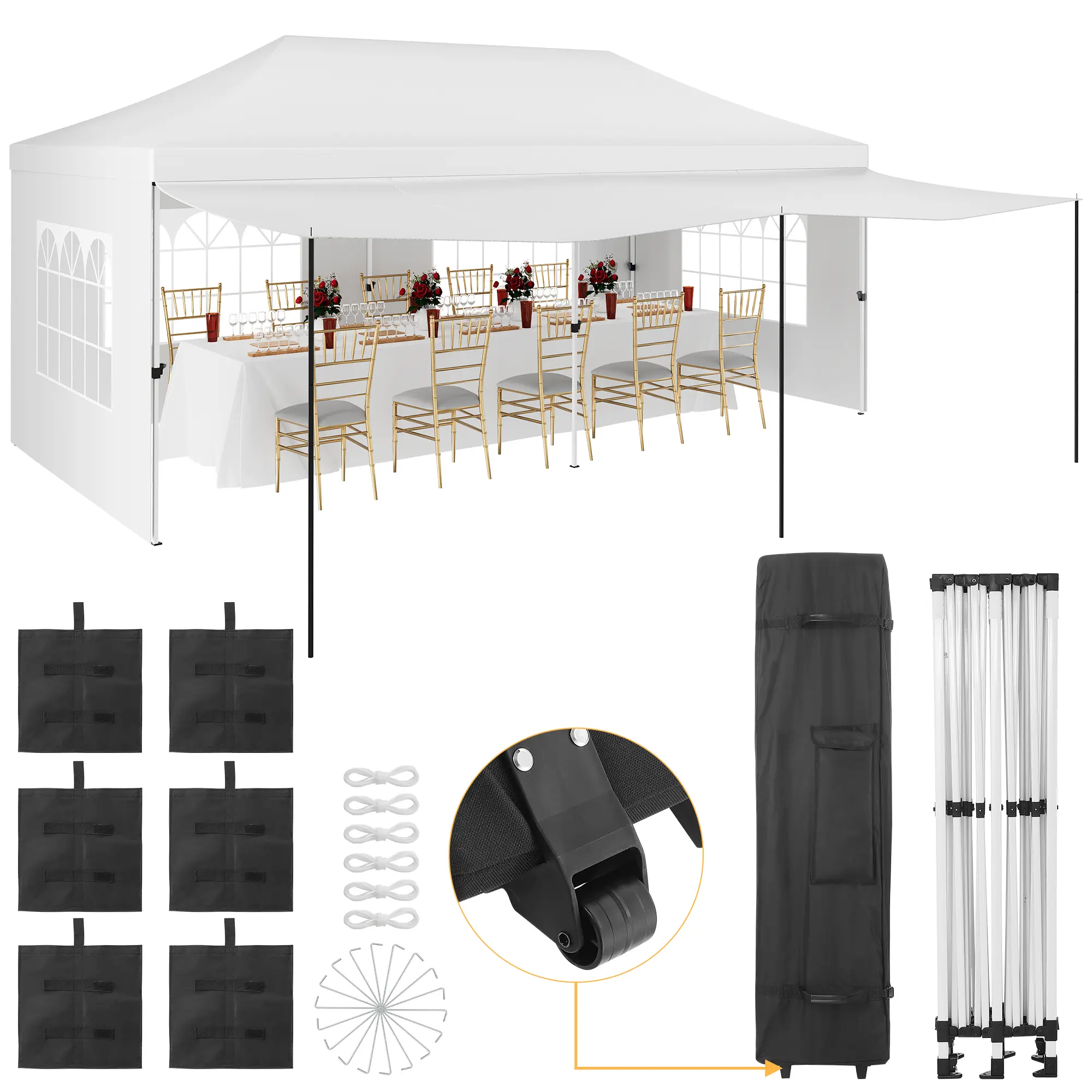 Garvee Heavy Duty 10x20 FT Folding Gazebo Canopy Tent - Waterproof Outdoor Event Shelter - Removable Sidewalls & Awning, UV Protection, Thickened Legs, Wheeled Bag, 6 Sandbags - Ideal for Parties, Patio, Backyard, Wedding - White