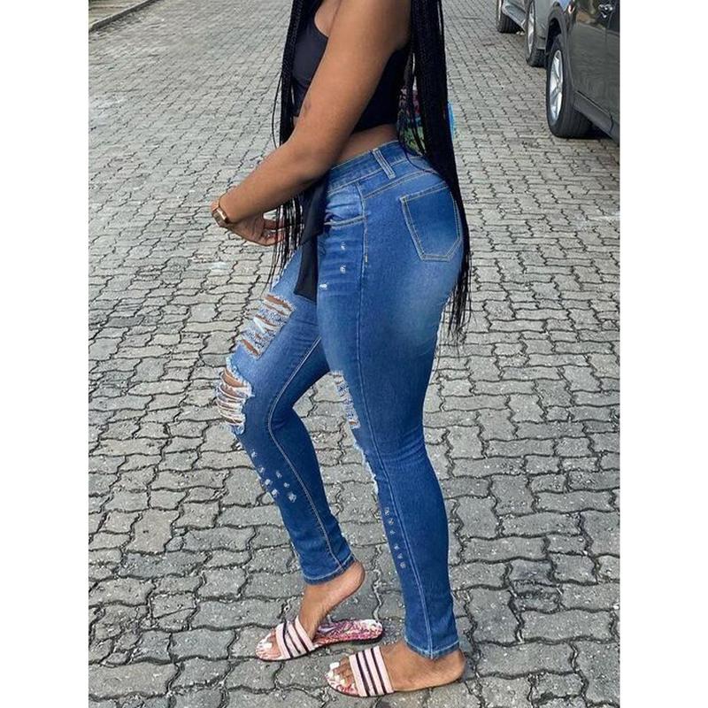 Women's Plus Size High Rise Stretchy Skinny Ankle Jeans, Butt Lifting Ripped Distressed Washed Denim, American Retro High Street Basic Style Pocket Button Pants for Daily & All-Season Wear