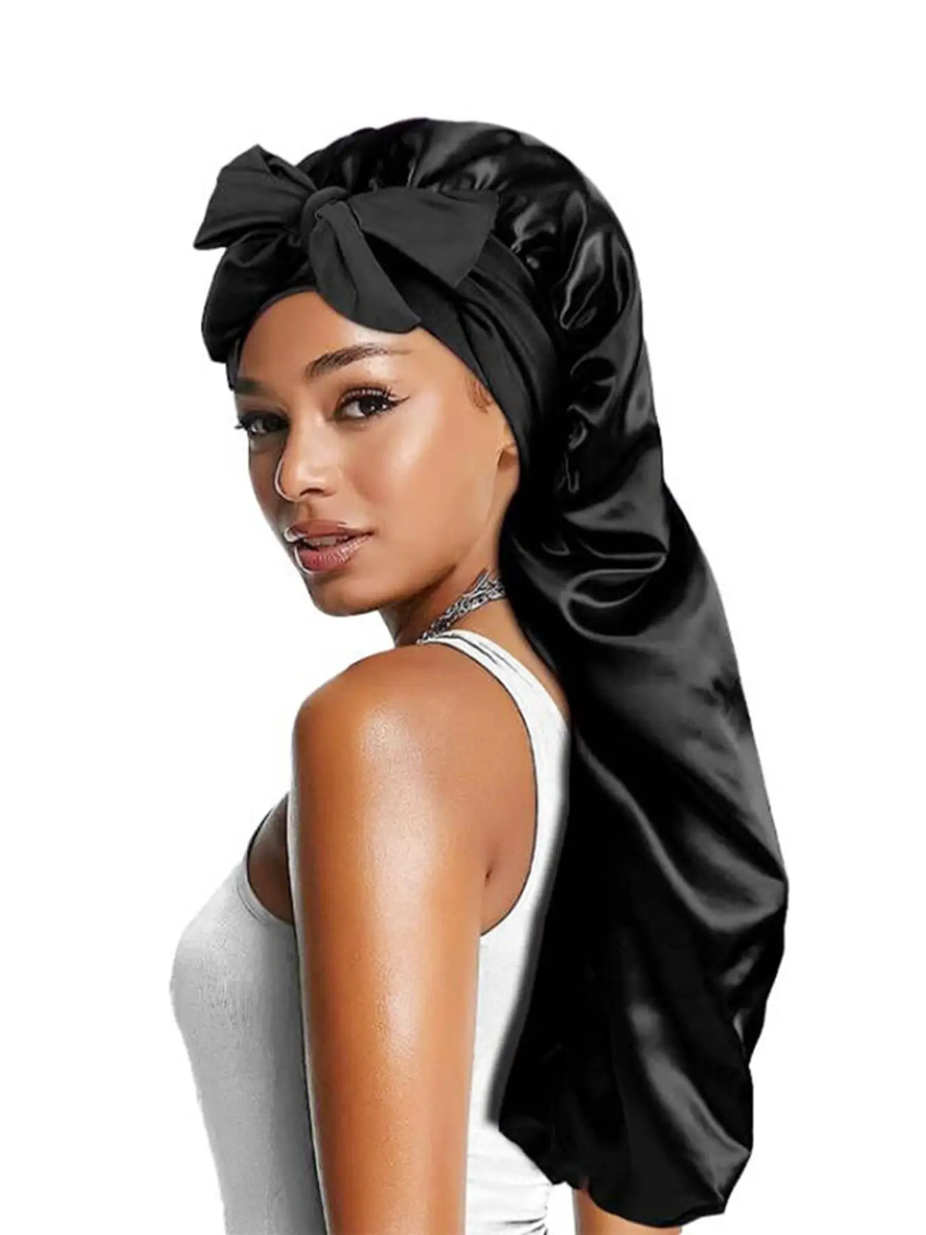 Women's Simple Style Solid Color Bright Satin Bonnets Hat for Sleeping, Summer Casual Trendy Bowknot Design Sleeping Hair Bonnet, Soft Elastic Hair Ca