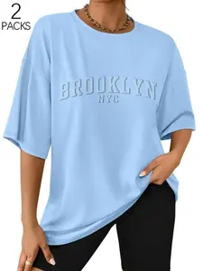Women's Brooklyn Nyc Printed Loose Fit T-Shirt Set, Y2K Style, Round Neck Drop Shoulder, High Cotton Fabric, Casual Wear