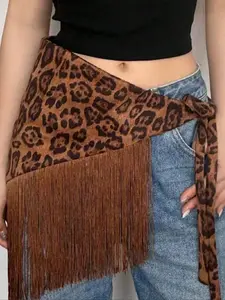 Women's Leopard Print Fringe Trim Tie Side Fanny Pack, Boho Style Bohemian Fashionable Fanny Pack for Daily Used, Casual Trendy Versatile High-quality Daily Commuting Bag