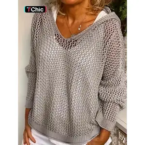 Women's Plain Hollow Out Drop Shoulder Sweater, Casual Basic Long Sleeve Hooded Sweater for Spring, Ladies Knitting Knitwear for Daily Wear