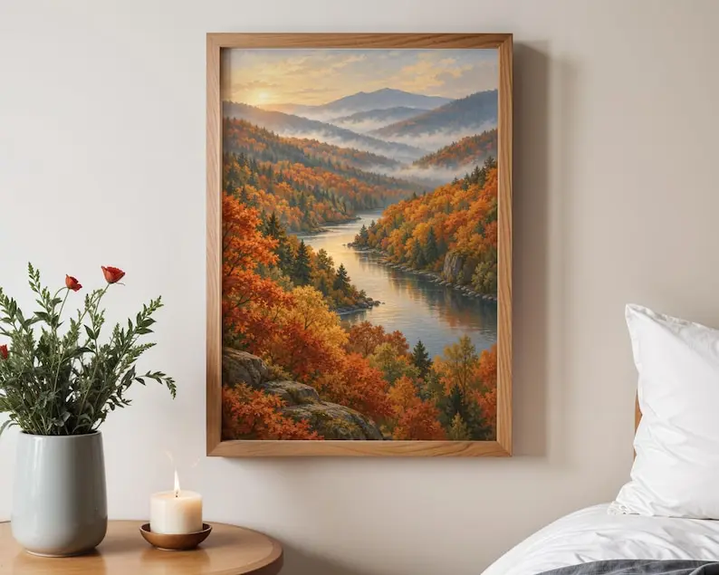 Autumn Mountain River Art Print, Fall Landscape Poster, Golden Forest Nature Illustration, Cozy Cabin Wall Decor, Nature Lover Gift