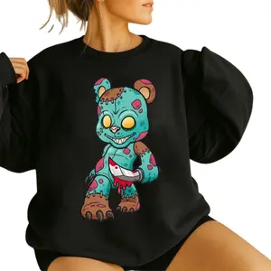 Zombie Teddy Bear Sweatshirt – Creepy Cute Design With Stitched Plush And Bloody Knife , Unique Horror Bear Graphic , Spooky Pullover For Halloween Lovers , Streetwear Sweatshirt , Gothic Fall Outfit Fabric Womenswear Casual Crewneck