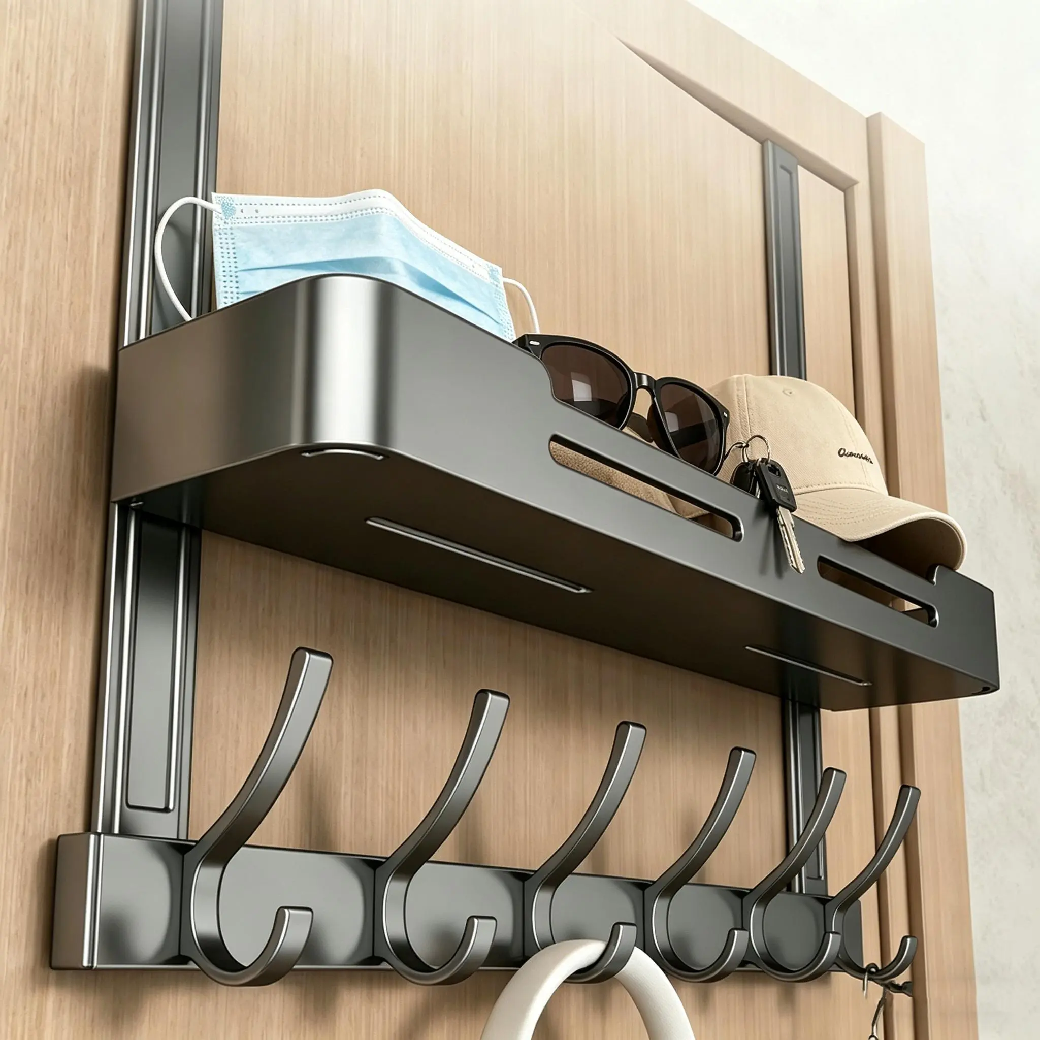 Renter Friendly No-Drill Over The Door Storage Rack With Utility Hooks, Damage-Free Door Hanging Organizer, Multi-Scene Door Mount Storage For Coats, Backpacks, Keys & Umbrellas For Small Apartment Entryway & Bedroom
