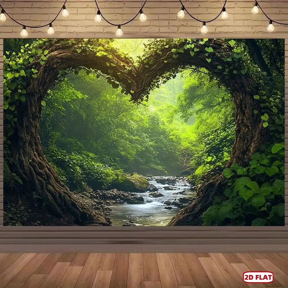 1pc Polyester Heart Print Tree Frame Backdrop - Serene Stream, Greenery Design, Durable Banner for Wedding, Birthday Photo Shoots, No Electricity Needed