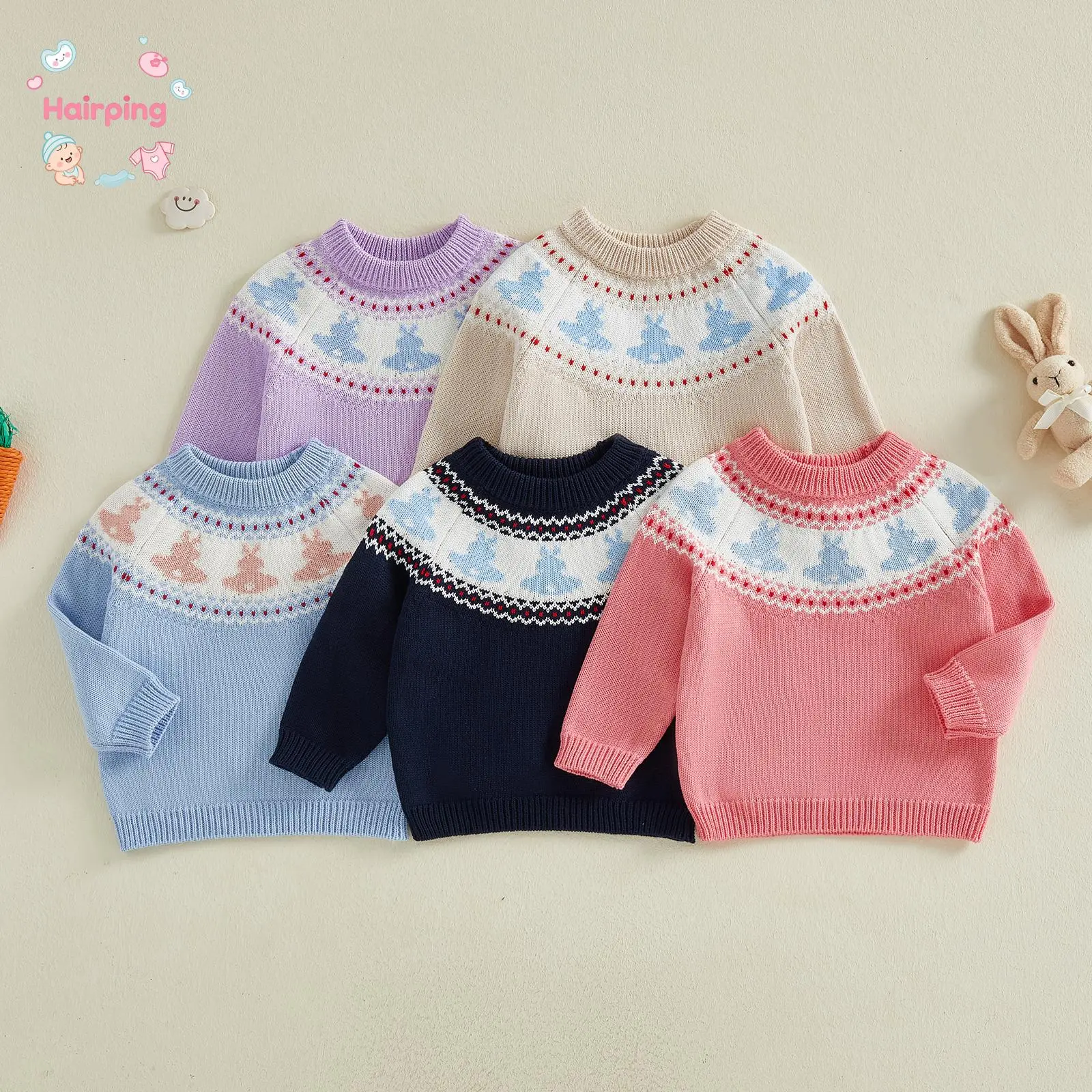 Toddler Kids Knit Sweater - Long Sleeve Crew Neck Bunny Print Rabbit Print Pullover, Soft Warm Knitted Top for Boys Girls (1-5T), Multiple Colors