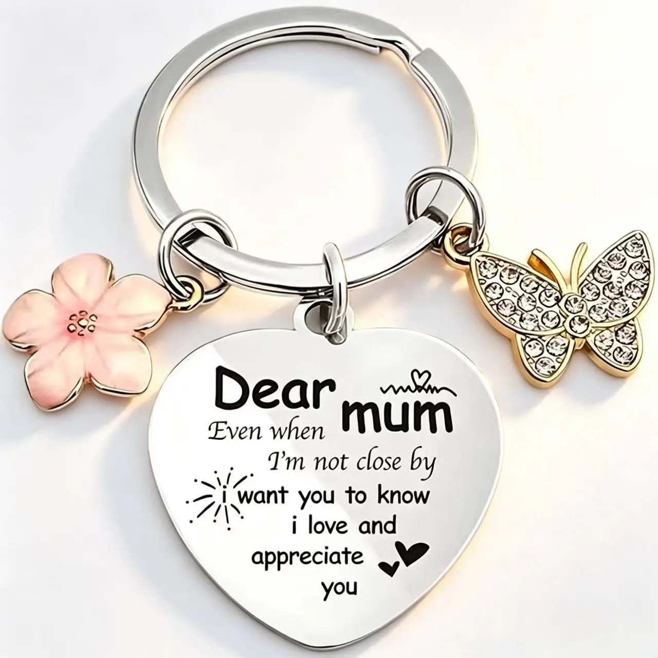 Elegant Silver Metal Custom Keychain - Stainless Steel Engraved Mom Keychain with Heart Design, Flower, Butterfly Charms, Engraved Message, Durable Stylish Emotional Gift for Mom from Daughter/Son, Birthday Accessory