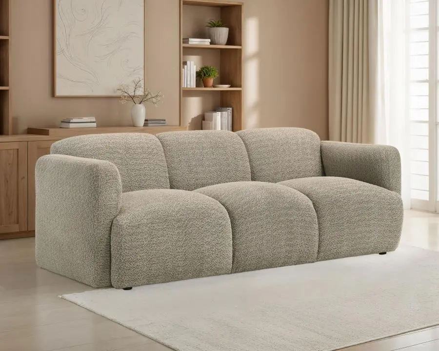 Dorset Classic Round Track Arm Comfy Couch - 3-Seat Textured Dimensional Weave Fabric-Upholstered Sofa, Brown, Fully Finished Pocket Coils, Minimal Chic All-Seasons Indoor Furniture