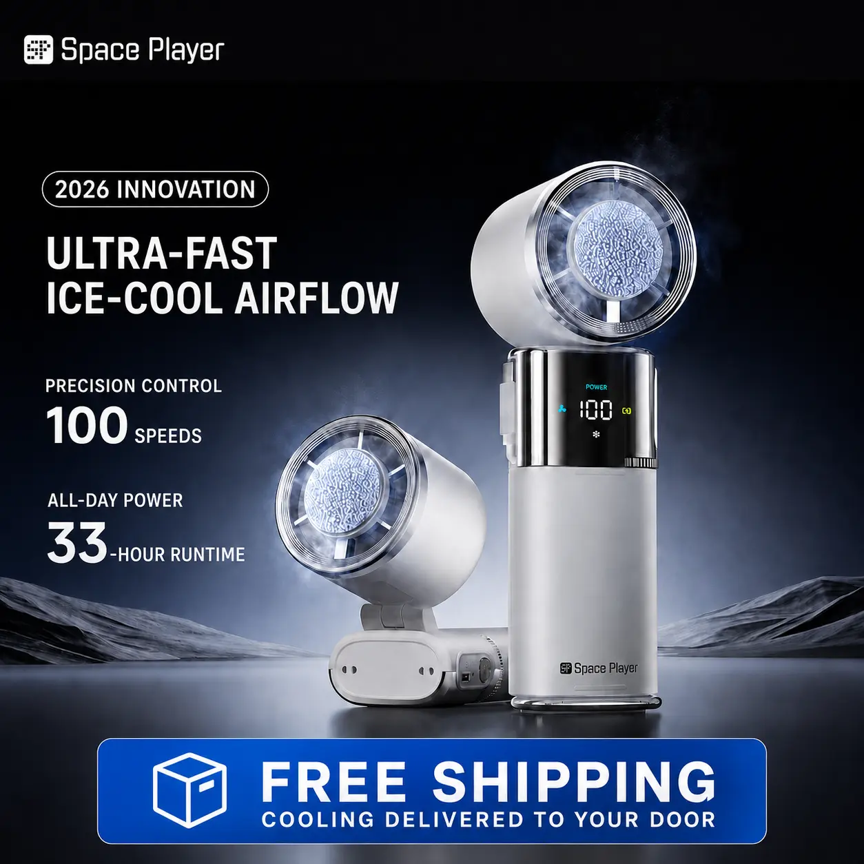 Space Player Battery-Powered Portable Fan - Turbo Ice Cooling, 9000mAh Battery, 100-Speed Wind, Built-In Type-C Cable, LED Display, 135° Tilt Foldable for Desk/Travel, Beat the Heat, Adjustable LED Cooling, Built-In Lighting, Battery-Powered Portable Fans