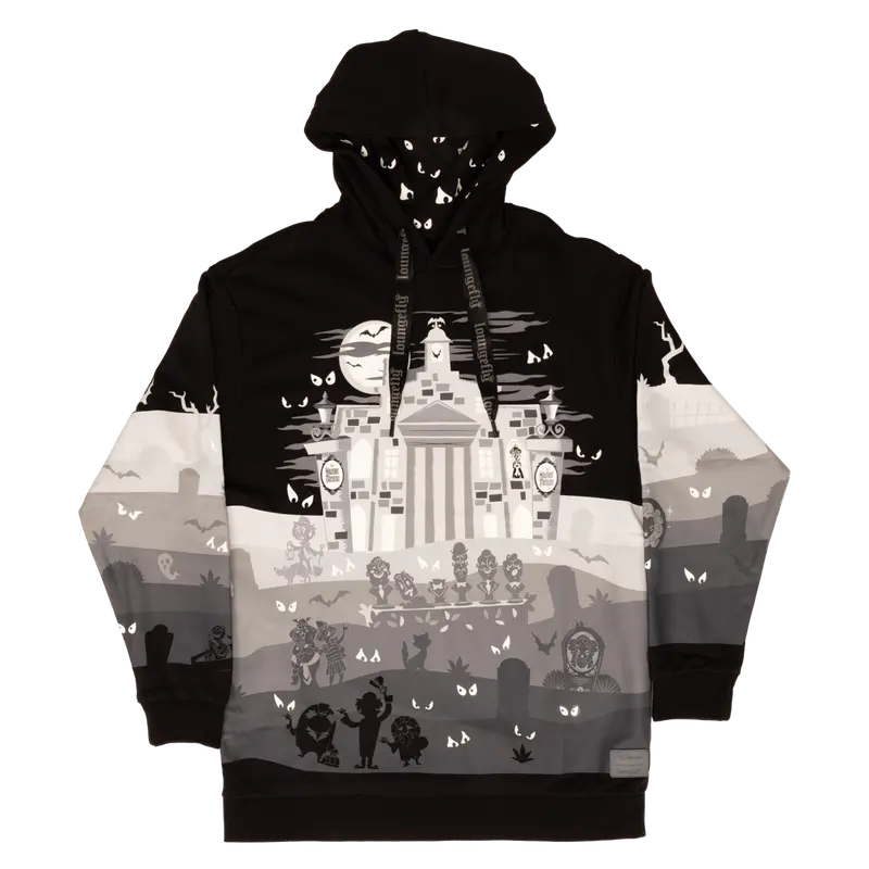 Pullover Hoodie, Unisex Haunted Graveyard Graphic French Terry Top with Glow-in-the-Dark Print and Jersey-Lined Hood, Tops, Menswear, Casual, Cotton